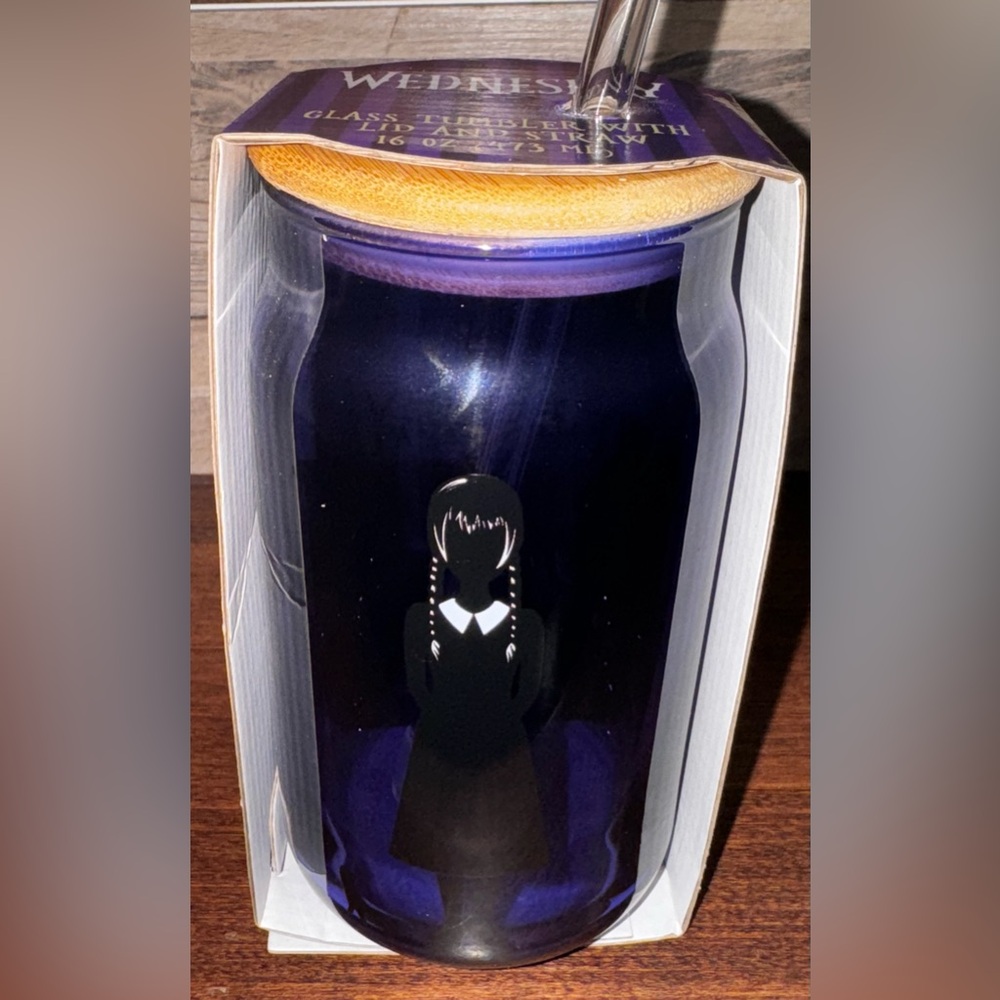Super Cute  🥰 Wednesday Adam’s Tumbler With Bamboo Lid And Glass Straw - NEW